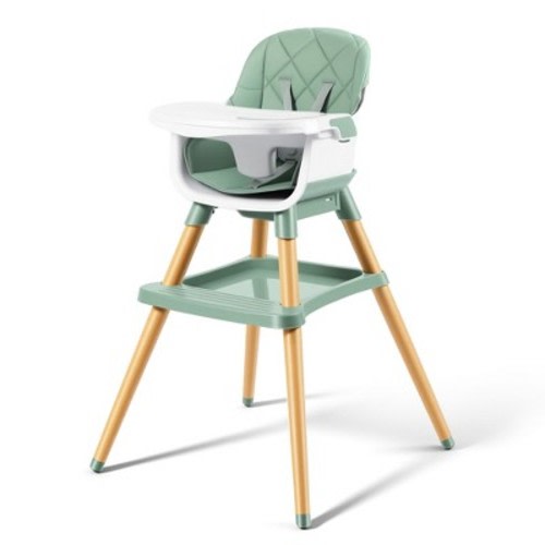 TODECARE High Chair, 7 in 1 Convertible Wooden Highchair for Babies & Toddlers with Adjustable Legs, Double Removable Tray, Safety Harness, Green
