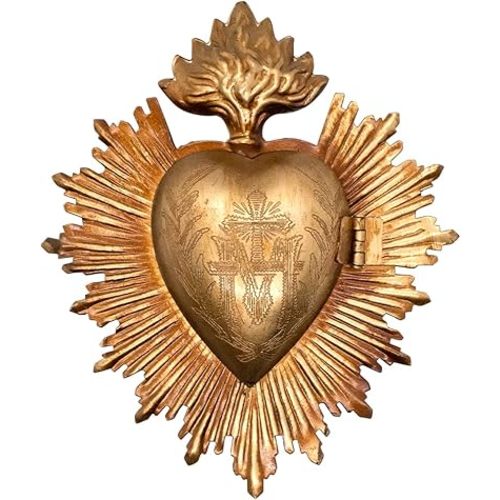 Milagro Heart Wall Ornament Ex Voto | Beautiful Sacred Heart Home Décor | Great Catholic Gift for Sacraments and Housewarming | Locket Space for Small Trinkets (Dark Gold-Tone)