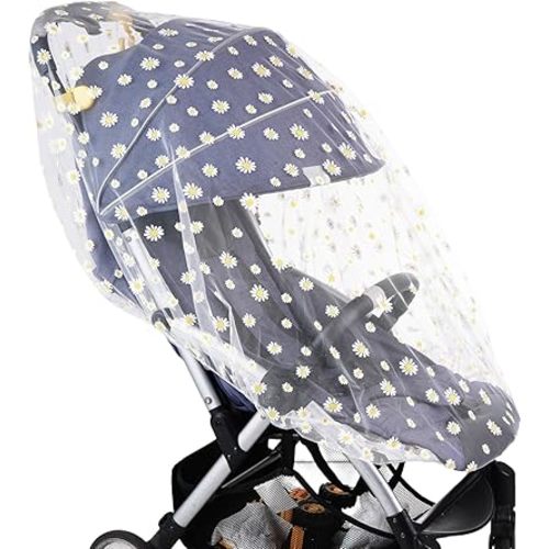 Sucrain Daisy Print Baby Mosquito Net for Stroller,Car Seat,Bassinets,Cradles,Pack N Plays and Portable Mini Crib,Travel Mini Crib,White Durable Baby Insect Netting (White Daisy)