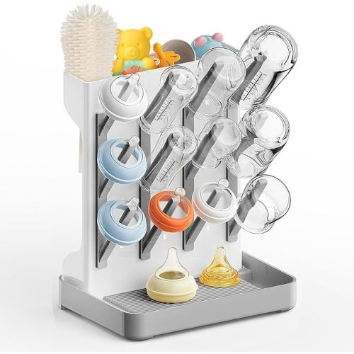 Baby Bottle Drying Rack: Vertical Space Saving Countertop Drying Rack - BPA-Free Baby Accessories Storage Stand Organize Brushes Pacifiers on Countertop - Elegant Grey