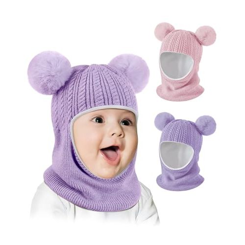 Baby Winter Hat Scarf Set 2 Pack, Toddler Beanie Hats Girl Boy with Neck Warmer, Beanie for Kids Knit Warm for Cold Weather
