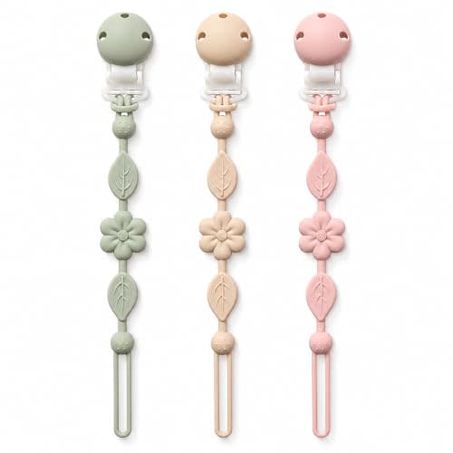 Pacifier Clips for Baby Silicone Pacifier Holder Clips for Boys Girls One Piece Baby Binky Clips YIVEKO Pacifier Clips Flower 3Pcs-Ivory+Sage+Blush