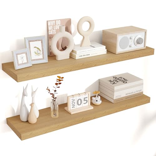 Floating Shelves for Wall 36"W x 7.8"D x 1.5"H, Engineered Wood Wall Shelves with Invisible Brackets for Living Room Bedroom Bathroom Office Kitchen Decor and Storage, Oak Finish, Set of 2