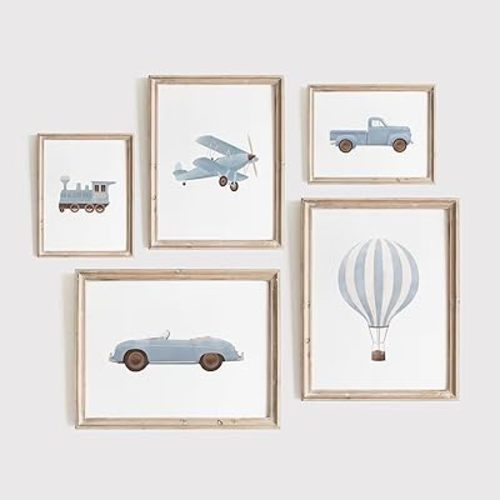 Blue Car Wall Art Decor Boys Room Canvas Poster Vintage Train Transportation Wall Art Watercolor Toddler Art Prints Blue Car Pictures Painting for Boy Bedroom Kids Nursery 12x16 Inch Unframed Set of 5