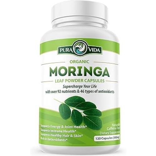 PURA VIDA MORINGA Capsules Single Origin Moringa Powder Organic. Pure Moringa Leaf. Energy, Metabolism, & Immune Support. 120ct. 500mg Caps.