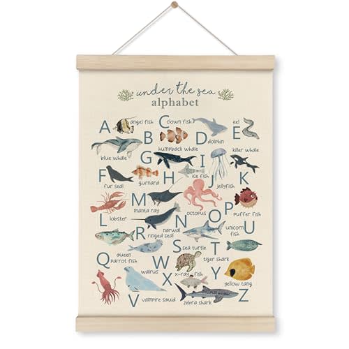 HRQKO Ocean Alphabet Poster Hanger Frame, Ocean Nursery Decor, Sea Animal Wall Decor, ABC Poster Wall Art with Wooden Frames, Alphabet Banner Wall Hanging Decor for Classroom Kids Playroom,12x16 Inch