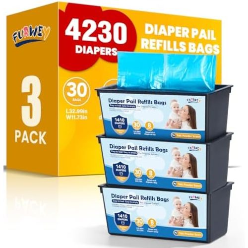 FURWEY Diaper Pail Refill Bags, 3-Pack (90 Bags), 30 Bags Per Refill