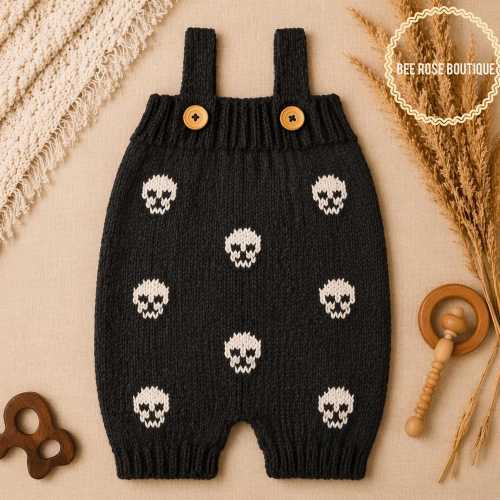 Skull baby outfit, Knit baby Romper, Goth baby clothes, coming home outfit, Preemie boy clothes, Knitted baby clothes, Rock baby shower gift