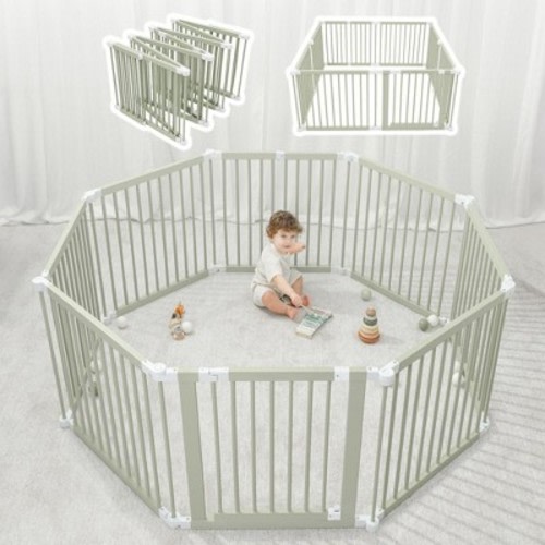 Baby Playpen & Baby Gate for Toddler and Babies, Foldable Wooden Large Shape Playpen with Locking Gate by Comfy Cubs - Sage