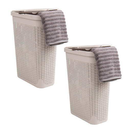 Free Shipping! Mind Reader 40L Slim Laundry Hamper Set of 2, Wicker Design, Portable with Lid, Ivory