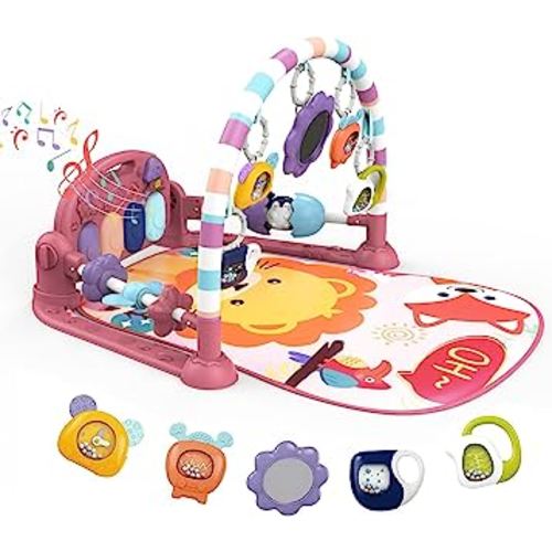 dearlomum Baby Play Mat Gym, Funny Play Piano Tummy Time Activity Mat with 5 Infant Sensory Toys, Music and Lights, Boy & Girl Gifts for Newborns 0 to 3 6 9 12 Months(New Pink)