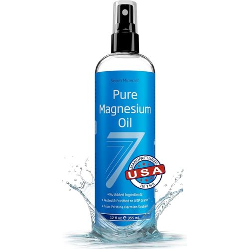 Seven Minerals Pure Magnesium Oil Spray, Big 12oz, USP Grade, Extra Strength, for Feet, Sleep, Muscle Pain & Cramps - Mined in The USA
