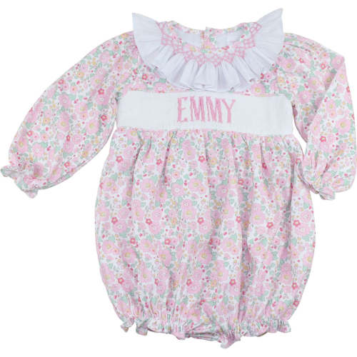 Pink Floral Corduroy Custom Smocked Bubble