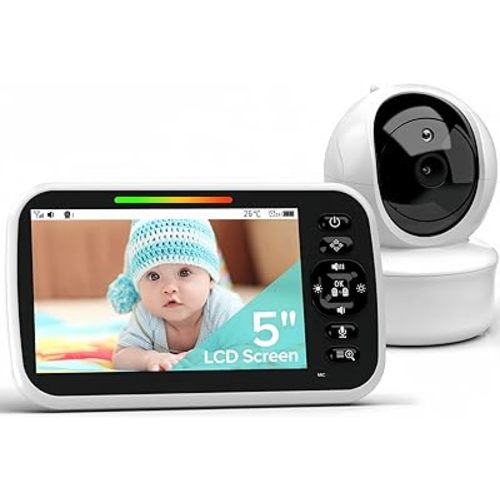 Moniteur vidéo pour bébé de 5 pouces avec zoom panoramique à distance | Vision nocturne infrarouge, affichage de la température, berceuse, audio bidirectionnel | Portée de 293 m avec caméra et audio