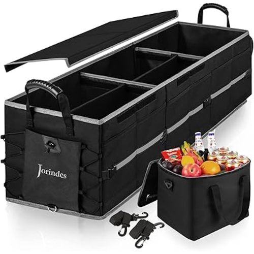 Collapsible Trunk Organizer for Car with Insulated Leak proof Cooler Bag, 3 Compartments SUV Cargo Organizer Removable Dividers, 5 in1 Car Storage Organizer with Foldable Lid,2 Tie-Down Straps(Black)