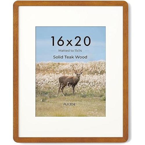 16 x 20 Picture Frame - Solid Teak Wood 16x20 Poster Frame, 16''x20'' Picture Frame With Mat For 11x14, Tempered Glass and Hanging Hardware Included, 20 x 16 Wall Art Wood, Natural Teak