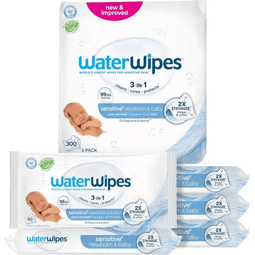 WaterWipes Sensitive+ Newborn & Baby Wipes, 3-In-1 Cleans, Cares, Protects, 99.9% Water, Unscented & Hypoallergenic, 300 Count (5 Packs)