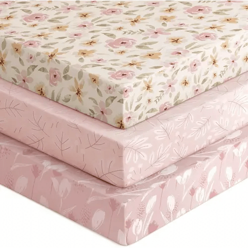 Baby Crib Sheets for Boys Girls, Fitted Crib Sheet Neutral 3 Pack for Standard Crib and Toddler Mattress, Breathable Soft Microfiber Baby Sheet 28x52x8in Pink Flowers & Leaf