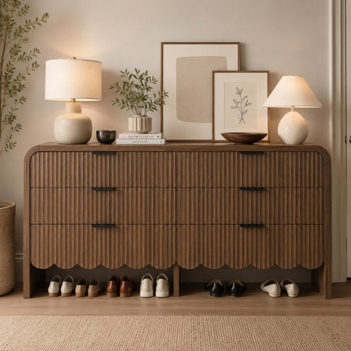Latitude Run® Fluted 6 Drawers Dresser For Bedroom, 59" Wide Modern Chest Of Drawers With Metal Handles, Curved Edge Design, Dresser TV Stand, Modern Dressers With Wave Texture For Living Room, Hallway & Reviews | Wayfair