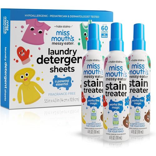 Miss Mouth’s Messy Eater Stain Treater Stain & Suds Duo Pack - 3 Pack Spray and 30 Pack Detergent Sheet bundle - Newborn & Baby Essentials - Food, Grease, Coffee Off Laundry, Underwear, Fabric