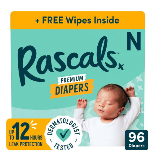 Rascals Premium Newborn Absorbent Baby Diapers Newborn, 96 Count, with 5 Sensitive Infant Wipes