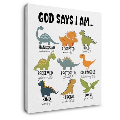 Ryeolo Kids Dinosaur Canvas Prints Wall Art - Animal Prints Wall Art, Safari Nursery Decor, Baby Girl Boy Nursery Wall Decor, God Says I Am Dinosaur Wall Art for Kids Living Room 12x16 Inches, white