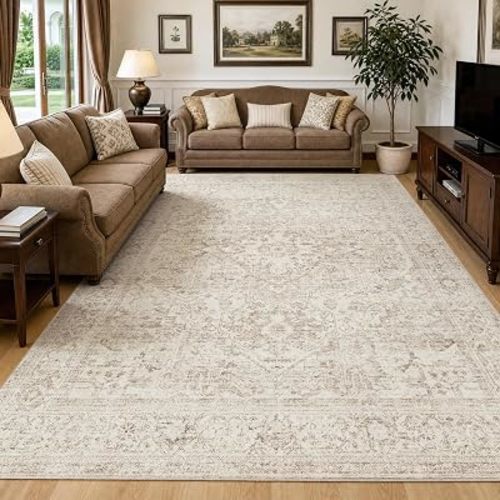 Fmfunctex 8x10 Washable Area Rug Beige Vintage Neutral Distressed Oriental Large Non Slip Carpet for Living Room Bedroom Soft Low Pile Indoor Mat Retro Throw Rug for Dining Room Kitchen Office Nursery