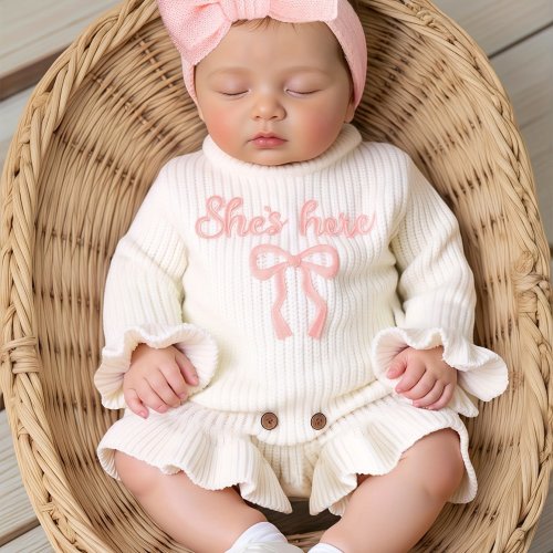 2pcs Baby Girl'S Knit Sweater with Bow Headband - Soft Long Sleeve Pullover, Cute Letter Print & Bow Detail, Soft Acrylic All-Season Outfits for Newborns, Baby Girl Outfits, Newborn Baby Clothing, Comfortable Newborn Wear