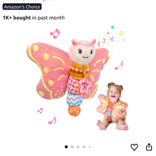 Baby Toys 0-6 Months,Infant Musical Sensory Stuffed Animal with Squeaker,Rattle,Crinkle Wings,Teether & Hanging Ring,Tummy Time Toy for Newborn 0-3-6-12 Months Boys & Girls Gift,Butterfly,Pink