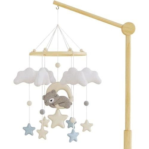 Baby Crib Mobile – Handmade Moon Bear Nursery Mobile, Mobile for Crib Neutral Felt Clouds Stars Hanging Toy, Beech Wood Ring Bassinet Mobile Baby Mobile Decor Gift
