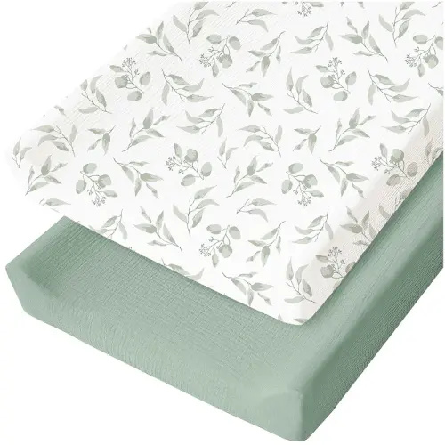 Konssy 2 Pack Muslin Changing Pad Covers for Boys, Ultra Soft & Breathable Cotton Baby Diaper Changing Table Covers, Neutral Nursery Diaper Changing Pad Sheets (Green, Green Leaves)