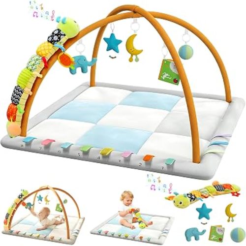 Baby Play Gym & Activity Mat, Baby Tummy time mat w 6 Detachable Toys, Promote Motor Skills & Sensory Development Mat, Newborn Infant Baby Essentials Gift.