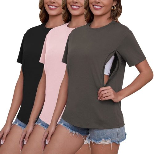 Ecavus Women's 3-Pack Nursing Shirts for Breastfeeding with Hidden Zippers Loose Fit Maternity Tops