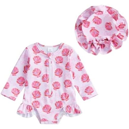 Infant Baby Girl Swimsuit Set Toddler Long Sleeve Crew Neck One Piece Rash Guard Bathing Suit Hat Zipper Swimwear