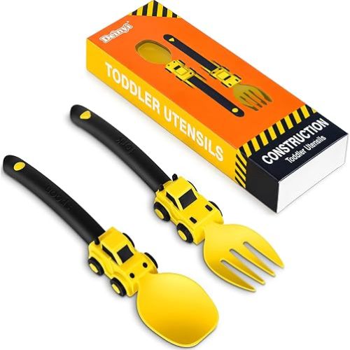 Deinyi Construction Toddler Utensils, Reusable Forks and Spoons Set
