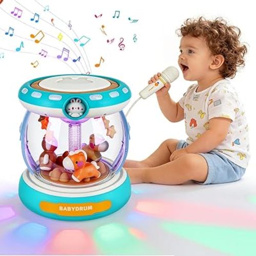 Baby Musical Drum Toy for 6-24 Months, Light-Up Carousel with Spinning Animals & Microphone, 4-in-1 Tummy Time Roll Crawl Toy with Music Stories Numbers Nursery Rhymes, Baby Boy Girl Gift