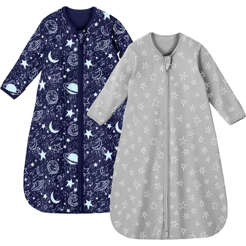 Baby Sleep Sack 0-6 Months 100% Cotton Long Sleeve Wearable Blanket Baby Sleep Bag with 2-Way Zipper 2 Pack 0.5 Tog Sleeping Sack for Newborn Infant Blue Grey Planet