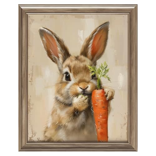 llguiidecal Easter Bunny Wall Art with Carrot, Cute Rabbit Farmhouse Painting, Spring Animal Floral Artwork for Nursery, Baby Room, Kids Bedroom, Cottage Home Décor (11X14 inch unframed)