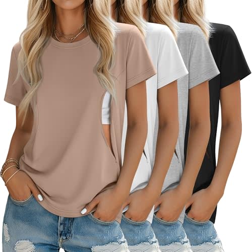 Oakgarden 4 Pack Women's Nursing Breastfeeding Shirts with Zipper Loose Fit Short Sleeve Maternity Top Nursing Clothes