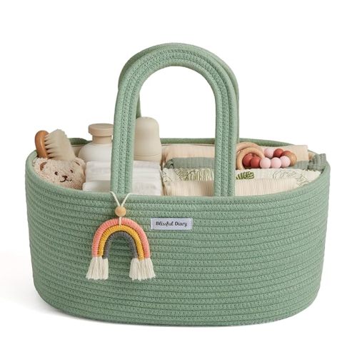 Blissful Diary Baby Diaper Caddy Organizer, Cotton Rope Diaper Caddy Basket, Oval Storage Basket, Gift for Baby Shower, Newborn Essentials, Green