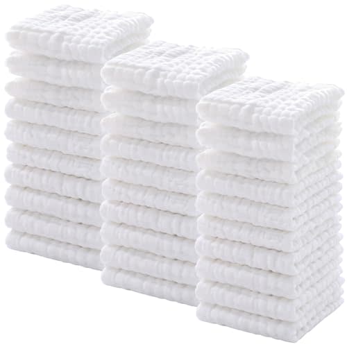 Chumia 30 Pcs Baby Muslin Burp Cloths, White | Natural Cotton Washcloths for Newborn Face Bath, Soft Absorbent Wipes for Feeding, Reusable Baby Towels Bulk 12x12 Inch