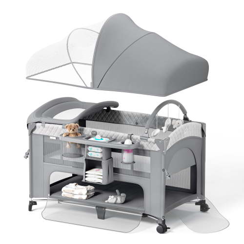 Babyomi 4 in 1 Baby Bassinet with Diaper Changer, Long Next to Bed Crib with Mattress,Height Adjustable,Pack and Play,Bedside Crib Sleeper, Gray