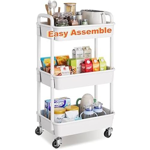 3 Tier Rolling Cart with Wheels, White Plastic Three Tiered Roller Shelf Cart on Lockable Wheels, Small Utility Storage Organzier Carts for Craft, Art, Baby Diaper Caddy, Snack, Dorm, Kitchen,Bathroom