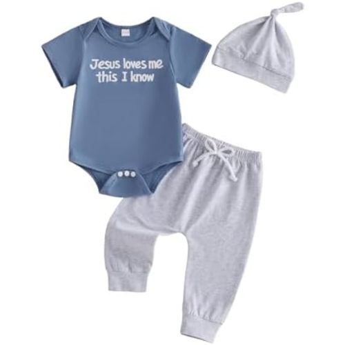 Jesus Loves Me Newborn Outfit 3Pcs Infant Baby Boy Spring Summer Clothes Short Sleeve Letter Romper and Pants Set