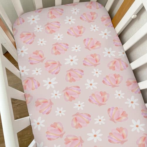 Boho Beach Seashells Floral Baby Crib Sheets for Girls Pink Conch Flowers Soft Snug Fitted Crib Mattress Covers for 52''x28'' Standard Crib & Toddler Mattress Girly Summer Nursery Bed Sheets