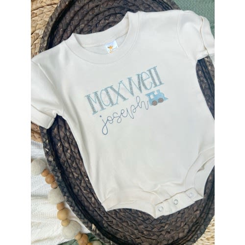 Personalized Baby Boy Outfit | Cream Beige Bubble T-Shirt Train Blue C – Wonderfully Made