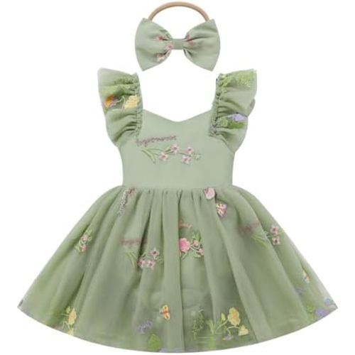 FYMNSI Infant Baby Girl 1st Birthday Outfit Floral Lace Tulle Romper Tutu Dress Headband 2PCS Bodysuit Princess Summer Clothe