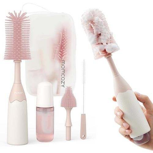 Momcozy Bottle Brush Kit, Innovative Push-Press Design for Better Cleaning - Baby Bottle Cleaner Brush for Baby Bottle, Breast Pumps, Nipples, and More - Can Generate Foam for Better Cleaning, Pink