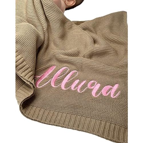 Monbebe Personalized Baby Blanket with Name | Custom Newborn Gift | Embroidered Infant Blanket | Soft Cotton Knit Swaddle | Monogrammed Baby Bedding | Boys and Girls Crib Throw (Camel)