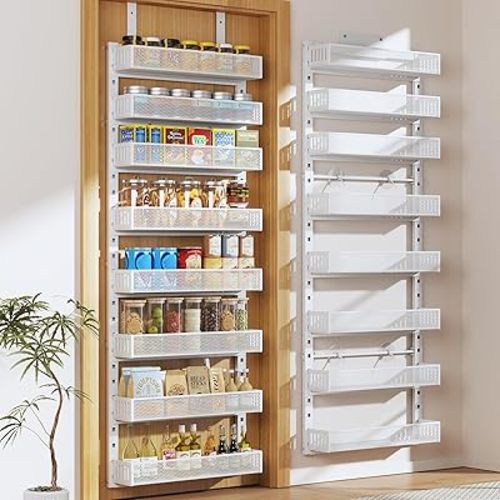 Pantry Door Organizers and Storage,8-Tier Large Wide Metal Heavy-Duty Frame Over the Door Spice Rack, 2 in 1 Wall-Mounted or Hanging shelf for Kitchen, Bathroom, Laundry Room, Bedroom, Closet &Nursery